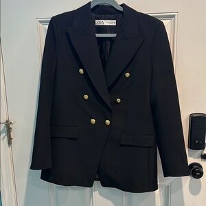Zara Double-Breasted Black Blazer with Gold Accents